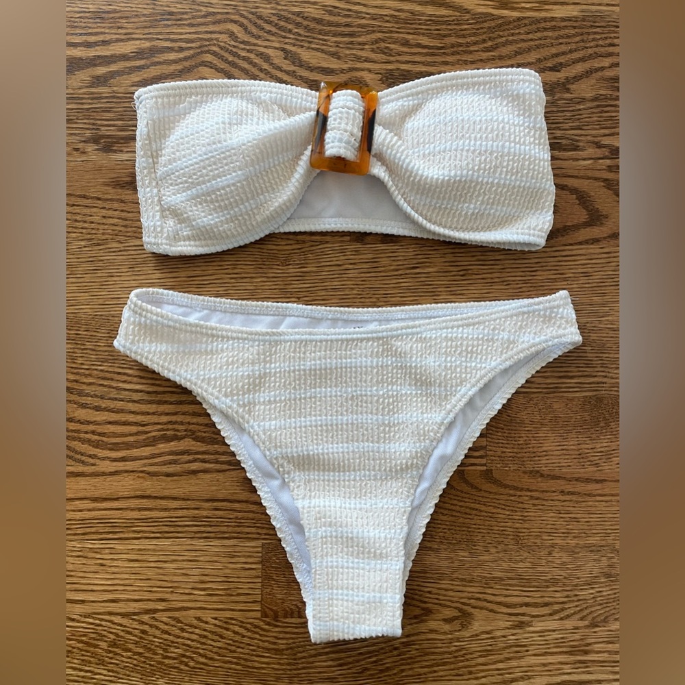 Bandeau Ribbed Bikini Top & Bottom | Cream & White Stripe | Small | NEW